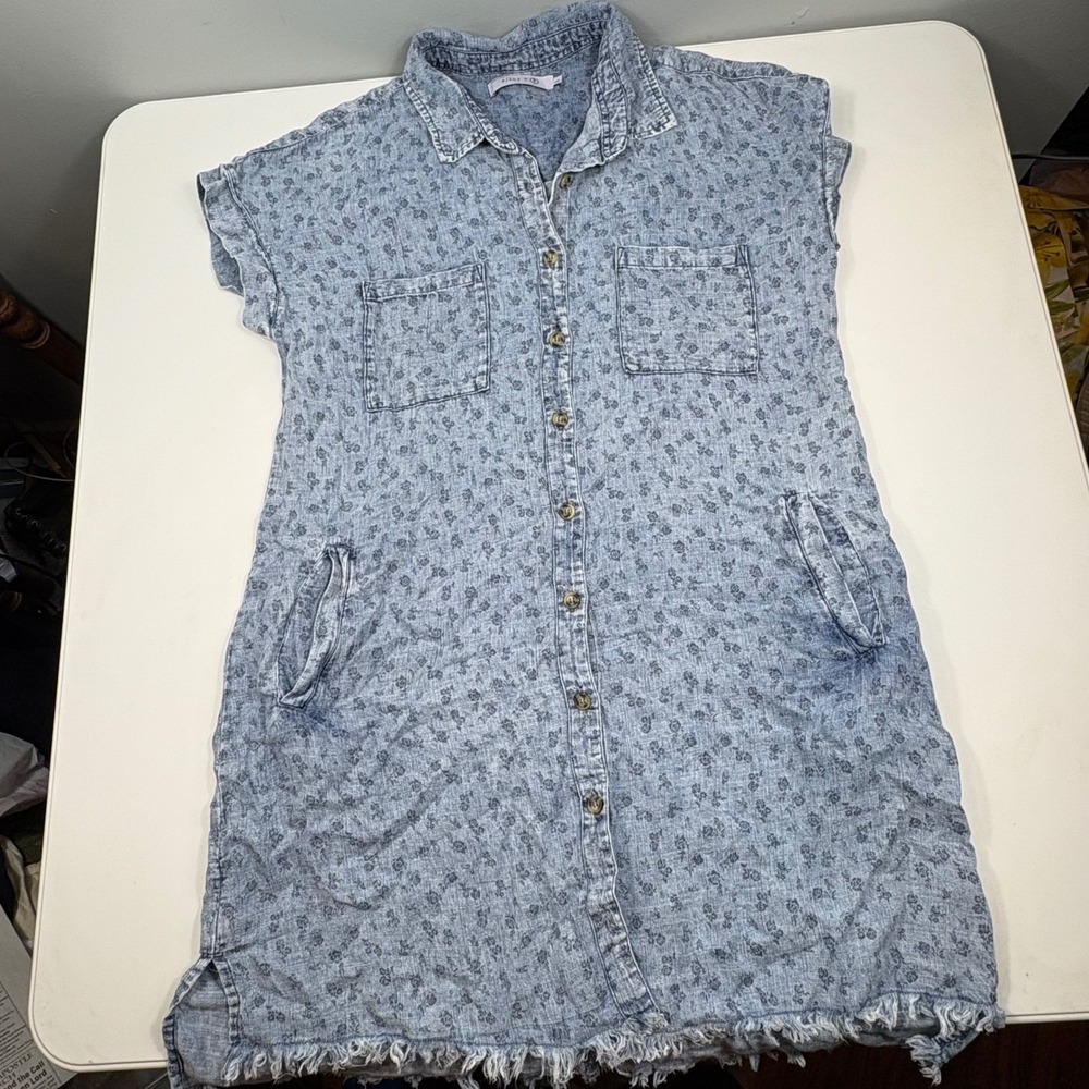 Floral Denim Shirt Dress Frayed‎ Hem Western Boho Women's Large